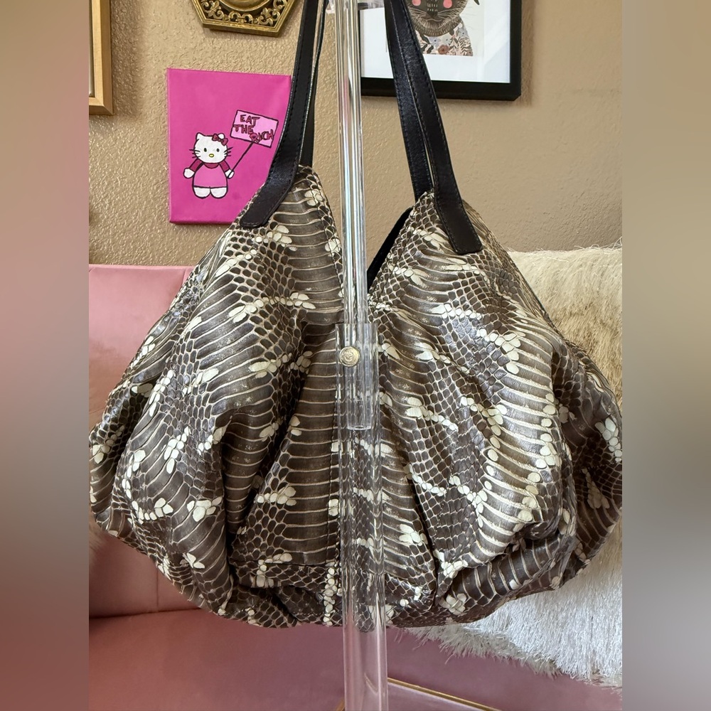 💯 Auth FURLA Snakeskin Leather Hobo Shoulder Bag w Brown Leather & Large Tassle - Picture 4 of 16